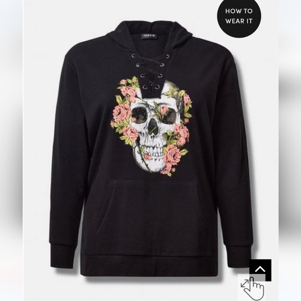 🆕️☠️ SKULL & FLORAL FLEECE LACE UP SIDE SLIT HOODIE☠️ - Picture 5 of 6
